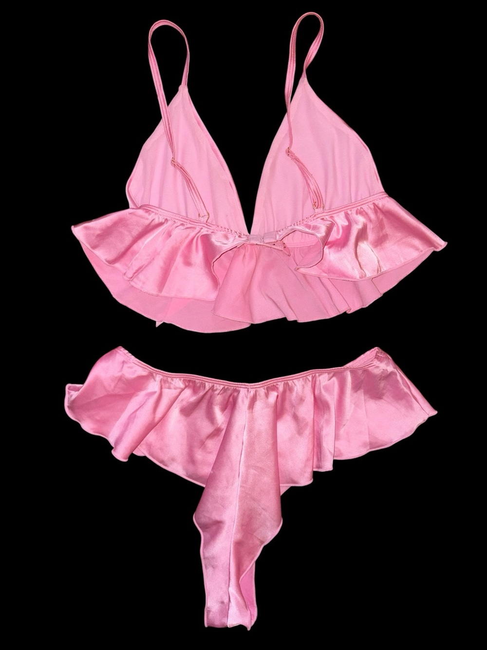 Pink Satin Ruffle Bralette & Thong Shorts Lingerie Set - Women Intimates - Picture 2 of 3